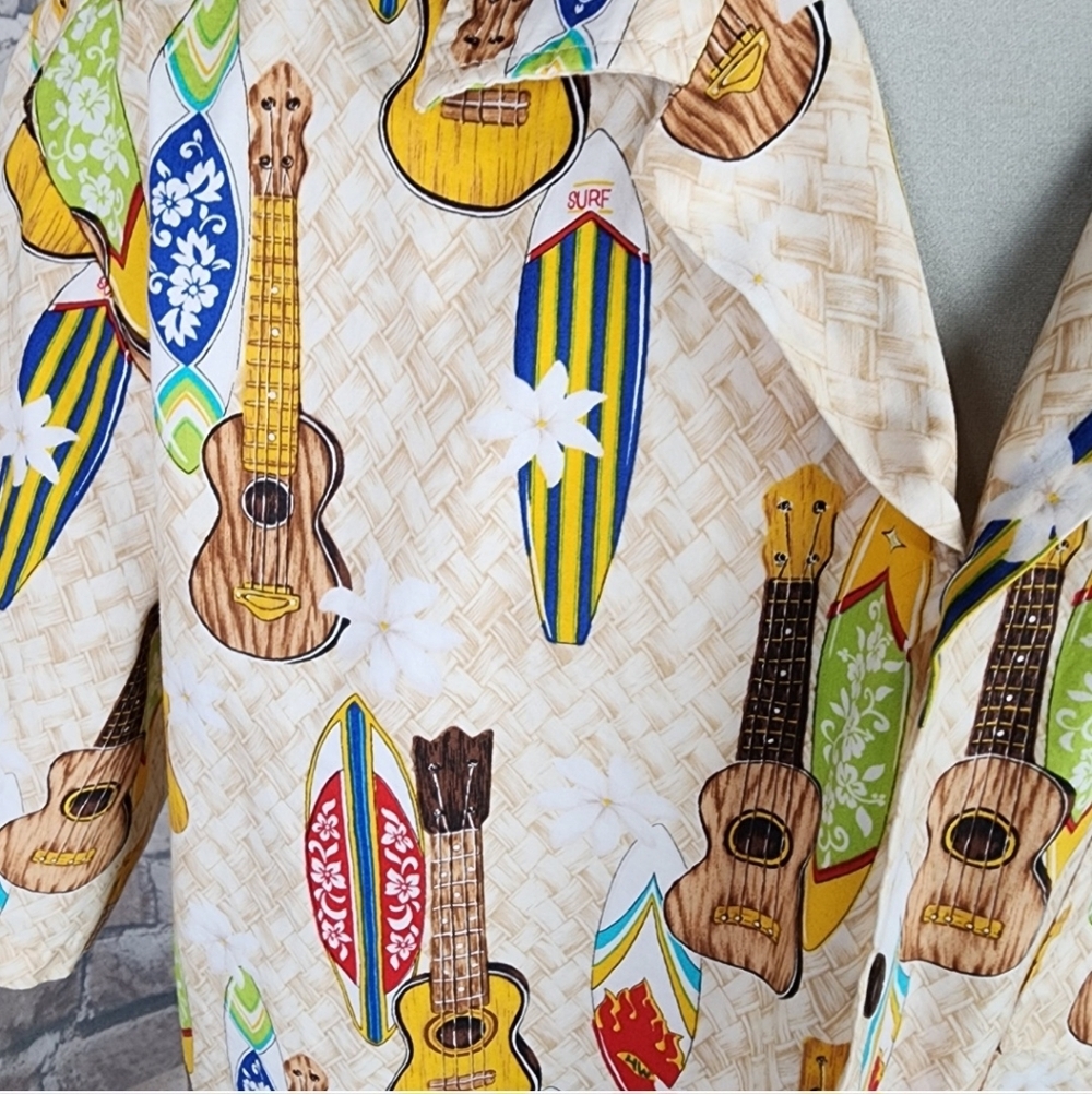 Vintage Hawaiian Camp Shirt Button Front Ukulele Surfboard Cream Size XXL - Picture 8 of 12